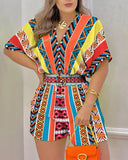Summer New Women's Short-Sleeved V-Neck Tie With Waist Casual Shorts