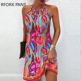 Women Chic Criss Cross Tank Hollow Out Print Sleeveless A-line Mini Party Sexy Dress-Outfit