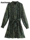 Women Vintage Floral Printed Mini Dresses Casual Long Sleeve A Line Dresses With Sashes Female Fashion Elegant