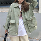 Aachoae Korean Style Loose Cargo Jacket Women Streetwear Batwing Long Sleeve Pockets Coat Vintage Autumn Winter Casual