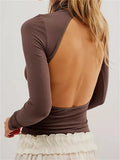 Women Long Sleeve T-Shirts Solid Color High Neck Backless Spring Fall Casual Slim Fit Tees Shirts Top Streetwear 2023-Outfit