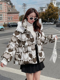 2022 Korean Fashion Jacket Women Winter Short Parkas Print Hooded Thicken Warm Female Snow Wear Coat Padded Loose