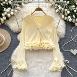 Shirt Women Spring And Autumn New Three-Dimensional Lotus Edge V Collar Folded Horns Short Top