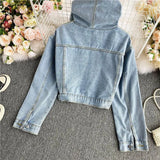 Toloer Celebrity Autumn New High Waist Short Hooded Denim Jacket Female Loose Show Thin Versatile Jacket Long Sleeve Jacket-Outfit