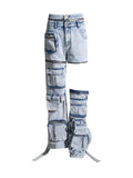 Toloer 2024 New Fashion Personality Hollow Design Sense Deconstruction Pocket Decoration Jeans Pants Two Wear Cargo Pants-Outfit