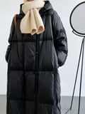 Women's Long Hooded Down Parka Winter Ribbon Splicing Loose White Black Straight White Duck Down
