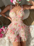 Pink Printed Mesh Night Dress Lingerie-Outfit
