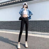 Toloer New Fall 2024 Model Wears High-Waist Elastic Tights, Pencil Pants, Blue And Gray Jeans, Children's Clothes-Outfit