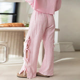 Women's Y2K Wide-Leg Long Pants Plaid/Stripe Print Side Tie-Up Hollowed Out Aesthetic Loose Trousers Casual Bottoms-Outfit