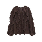 Women's V-Neck Folding Trim Shirt Long-Sleeved Top Loose