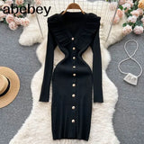 Women Ruffles Knitted Pencil Dress Korean Long Sleeve V Neck Elastic Slim Dress Autumn Winter Sexy Bodycon Warm Sweater
