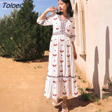 Embroidered Long Dress Boho White V-Neck High Waist Maxi Dresses Fashion Spring Autumn A-Line Loose Holiday Party