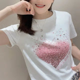 Women's Clothing Pullover Round Neck Short Sleeve Geometric Rhinestone Letter Printing T-shirt Trendy Minimalist Tops-Outfit
