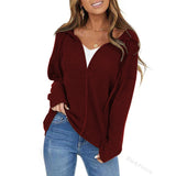Toloer Women's Fall And Winter Fashion Solid Color Draw Rope Hat Solid Color Jacket Fashion Casual Cardigan Zipper Jacket-Outfit