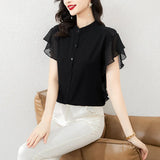 Toloer New Summer Of 2023 Loose Show Thin Short Sleeve Lotus Leaf Sleeve Jacket Thin Design Sense Minority Chiffon Shirt Girl-Outfit