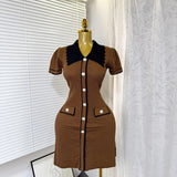 Retro Trendy Polo Collar Short-Sleeved Dress Women's Summer Metal Buckle Waist Thin Knitted