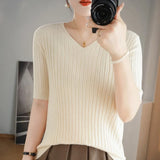 Toloer The Summer Of 2024, Women's Knit Short Sleeve Korean V-Neck Solid Color T-Shirt And A Pit Top-Outfit