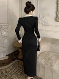 Dresses Women Stand Collar Lace Patchwork Split Long Sleeve Slim Vintage Elegant Dress Slim Elegant Dress Ladies-Outfit