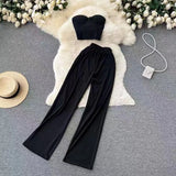 Toloer Strapless Short Top High Waist Casual Loose Wide Leg