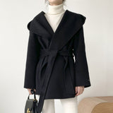 Aachoae Women Solid Color Wool Coats With Belt Long Sleeve Hooded Pockets Coats Female Chic Elegant