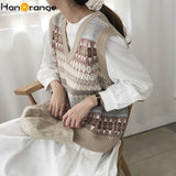 Autumn Spring 2021 Knitted Sleeveless Sweater Women Retro Color Contrast Loose Vest