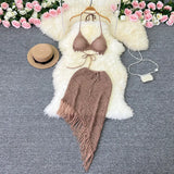 Toloer Ins Vacation Style Suit Female Design Sense Bikini Hanging Neck Vest Versatile Tassel Skirt Knit Two