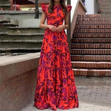 2025 Dopamine Women's Printed Round Collar Long Lotus Leaf Side