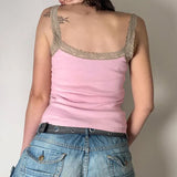 Lace Trim Printed Ribbed Crop Cami Top-Outfit
