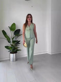Women's Temperament Elegant Solid Color V-Neck Sleeveless Vest High-Rise Broad Leg Trousers