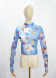 Toloer Women's Cheruel Print Gauze Short Long Sleeve T-Shirt Top Four-Leaf Clover Print