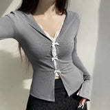 Toloer Sweet Girl Wind Bump Color Lace Slim Long Sleeve T-Shirt V-Neck Flip Stitching Bow Small Cardigan-Outfit
