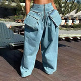 Toloer New Fashion High Waist Large Pocket Design Sense Wide Leg Pants Loose Small Show Skinny Jeans Woman-Outfit