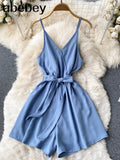 Backless Strap Rompers Women Fashion Sleeveless V Neck Solid Short Jumpsuits Summer Korean Wide Leg
