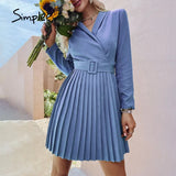 Simplee Elegant v-neck A-line pleated midi dress women green Office long sleeve belt blazer dresses Casual female vestidos