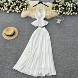 Holiday Set Women In Summer Pure Want To Close Waist Hanging Neck Lace Splicing Sling Vest Fairy Chiffon Half-Body