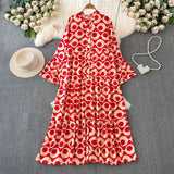 Light Extravagant Temperament Horn Long Sleeved V Collar Loose Thin Single Breasted Printed Dress Elegant Long Skirt-Outfit