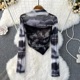 Gradient Mesh Sexy Women Top American Style Fashion Letter Long Sleeve Stand Neck Sheer Autumn Thin Sun Proof T