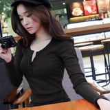 Toloer 2024 Buttons And Thread Solid Color Long Sleeve T-Shirt Women's Slim Korean New Top Bottom Shirt Outside The