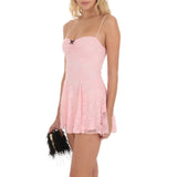 Women's Elegant Sexy Spaghetti Straps Sleeveless Backless Lace Slim Fit Summer A-Line Mini Dress for Club Party-Outfit