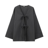 Wind Casual Set 2025 Summer Long Sleeve V-Neck Bow Tie With Loose-Fitting Shirt Broad