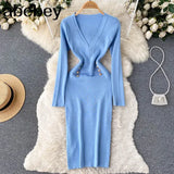 Women Knitted Pencil Dress Korean Long Sleeve V Neck Elastic Slim Dress Autumn Winter Sexy Bodycon Warm Sweater