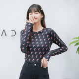 Sexy Thin Tight-fitting Fashion Moon Print Long Sleeves T-shirt 2022New Spring Summer Female Ice Silk Sunscreen