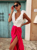 2022 Summer Women Sexy Fashion Ruffled Fitted White Bodysuits Vintage Deep V Neck Sleeveless Female Playsuits