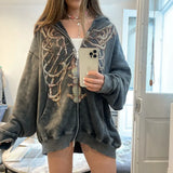 2022 Korean style Streetwear Skeleton harajuku zip-up loose skull print goth long sleeve hooded coat retro shirt student girl