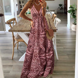 Toloer 2023 Bohemian Style New Condole Dress High Waist V Neck Print Floral Dress Women's Wear-Outfit