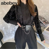 Shirts For Women Stand Collar Puff Long Sleeve Patchwork Buttons Designer Oversized Loose Blouses Female 2022