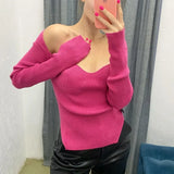 Long Sleeve Sweater 2021 Autumn Women Knit Ribbed Top Ladies Casual Knitted Tops Pullover Off-Shoulder Knitwear