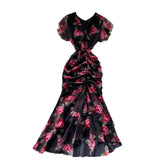 New Light Luxury Chiffon Print Dress Temperament Lotus Side Fishtail Dress Female Dress
