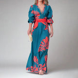 Women's New Elegant Temperament Printing Fashion T-Shirt With Waist Bubble Long-Sleeved Dress