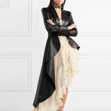 2022 Fashion Autumn Pu Leather Ladies Jacket Coat Coat Lapel Long Sleeve Irregular Belt Hem Ruffled Ladies Jacket